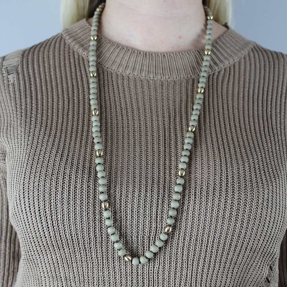 Grey Wood & Metal Bead Necklace